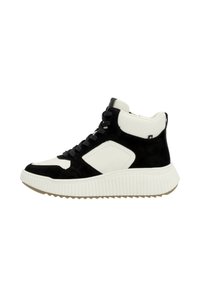Sneaker alte in pelle scamosciata nera e pelle liscia bianca, con suola di gomma testurizzata, lacci neri e pannello laterale decorativo.