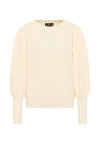 Pulover tricotat de culoare crem, cu guler rotund, mâneci lungi și umeri bombati. Material texturat cu tiv și manșete cu model în relief.
