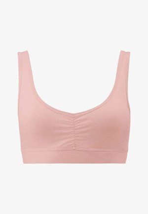 Weiches rosafarbenes Sport-BH mit breiten Trägern und dezent gerafftem Mittelteil für leichten Halt und Komfort.