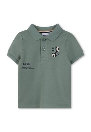 Groen poloshirt van gestructureerde stof, met een klassieke kraag, twee knopen en een vierkant logo in marineblauw en beige op de linkerborst.