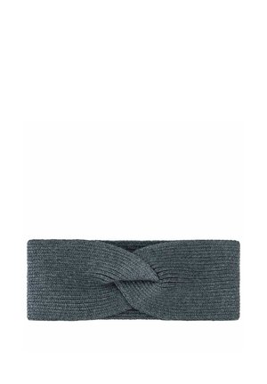 Dunkelgraues gestricktes Stoff-Stirnband mit einem verdrehten Knoten-Design in der Mitte, gezeigt vor weißem Hintergrund.