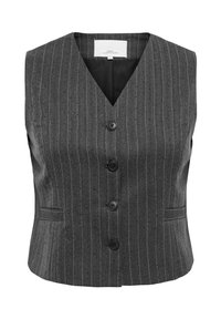 Grårandig väst med V-ringning, fem svarta knappar, sidfickor och en slät textur; skräddarsydd design för en figurnära look.