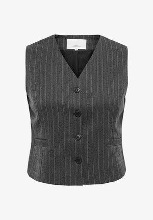 Szary kamizelka w prążek z dekoltem w serek, pięcioma czarnymi guzikami, bocznymi kieszeniami i gładką fakturą; dopasowany krój dla uzyskania eleganckiego wyglądu.