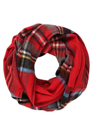 Rød ternet fleece uendelighedssjal med sorte, hvide, blå og gule striber, arrangeret i en cirkulær form på en hvid baggrund.