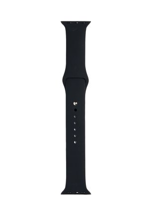 Schwarzes, verstellbares Silikonband für eine Smartwatch, mit mehreren Löchern und metallischem Verschlussstift.