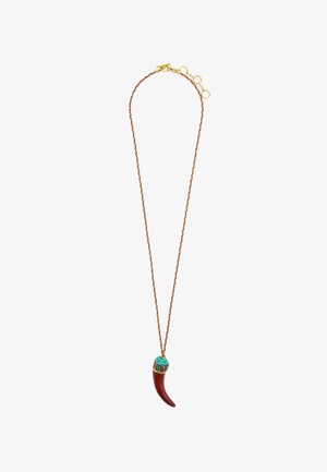 Naszyjnik z przeplatanym sznurkiem, brązowym wisiorkiem w kształcie rogu oraz dekoracyjną, kolorową główką z geometrycznymi wzorami.