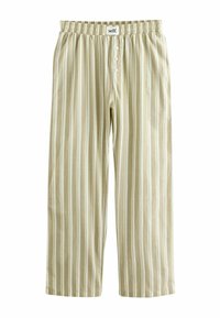 Šviesiai žali dryžuoti pižamos kelnių su megztu juosmeniu, sagutėmis, plačiomis kojomis ir švelnia audinio tekstūra.