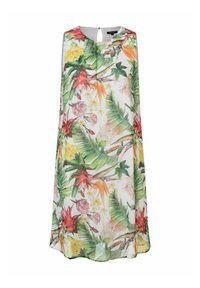 Ärmelloses Blumenkleid mit rundem Ausschnitt. Es verfügt über ein farbenfrohes tropisches Muster mit Grüntönen, Rottönen, Gelbtönen und Pink auf einem weißen Hintergrund.