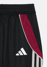 Pantalones deportivos negros con un panel lateral en color burdeos, detalles plateados y franjas reflectantes. El material es ligero y texturizado. Incluye logotipo.
