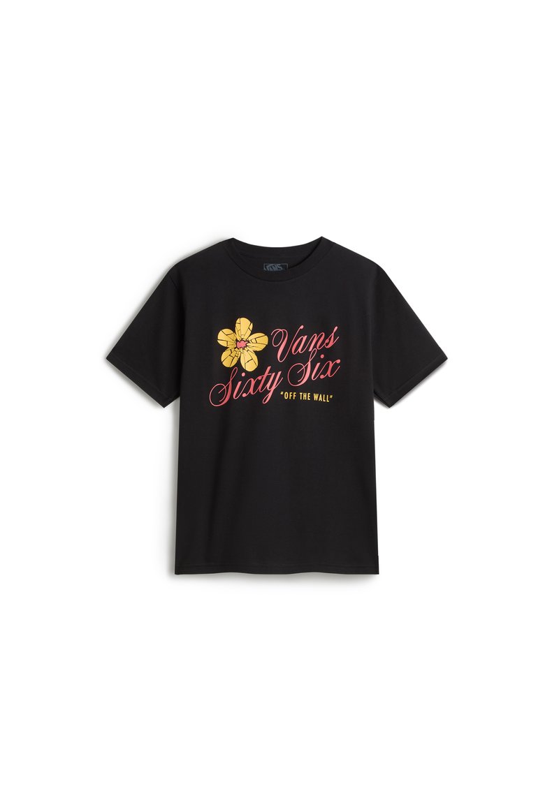 Svart bomulls t-shirt med en gul blommig grafik med rosa accent, och texten "Vans Sixty Six" i en stiliserad font. Kort ärm, rund halsringning.