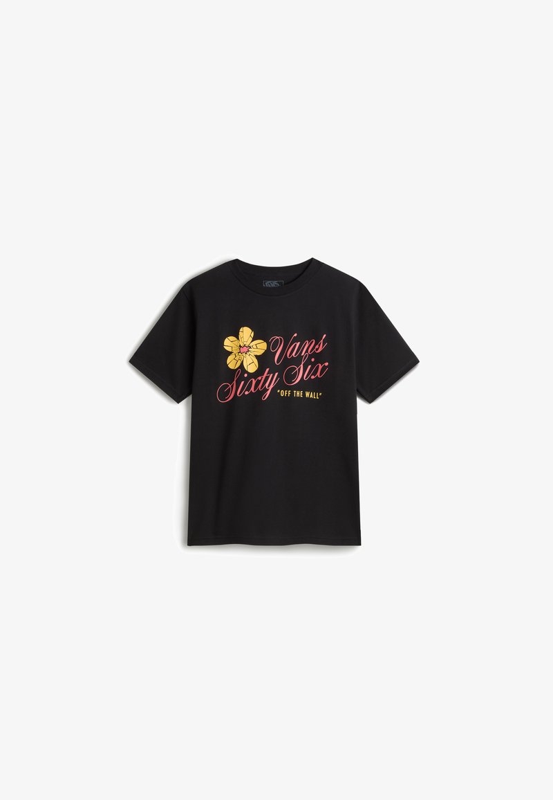 Camiseta de algodón negra con un gráfico de flor amarilla con acentos rosas, y el texto "Vans Sixty Six" en una fuente estilizada. Manga corta, escote redondo.