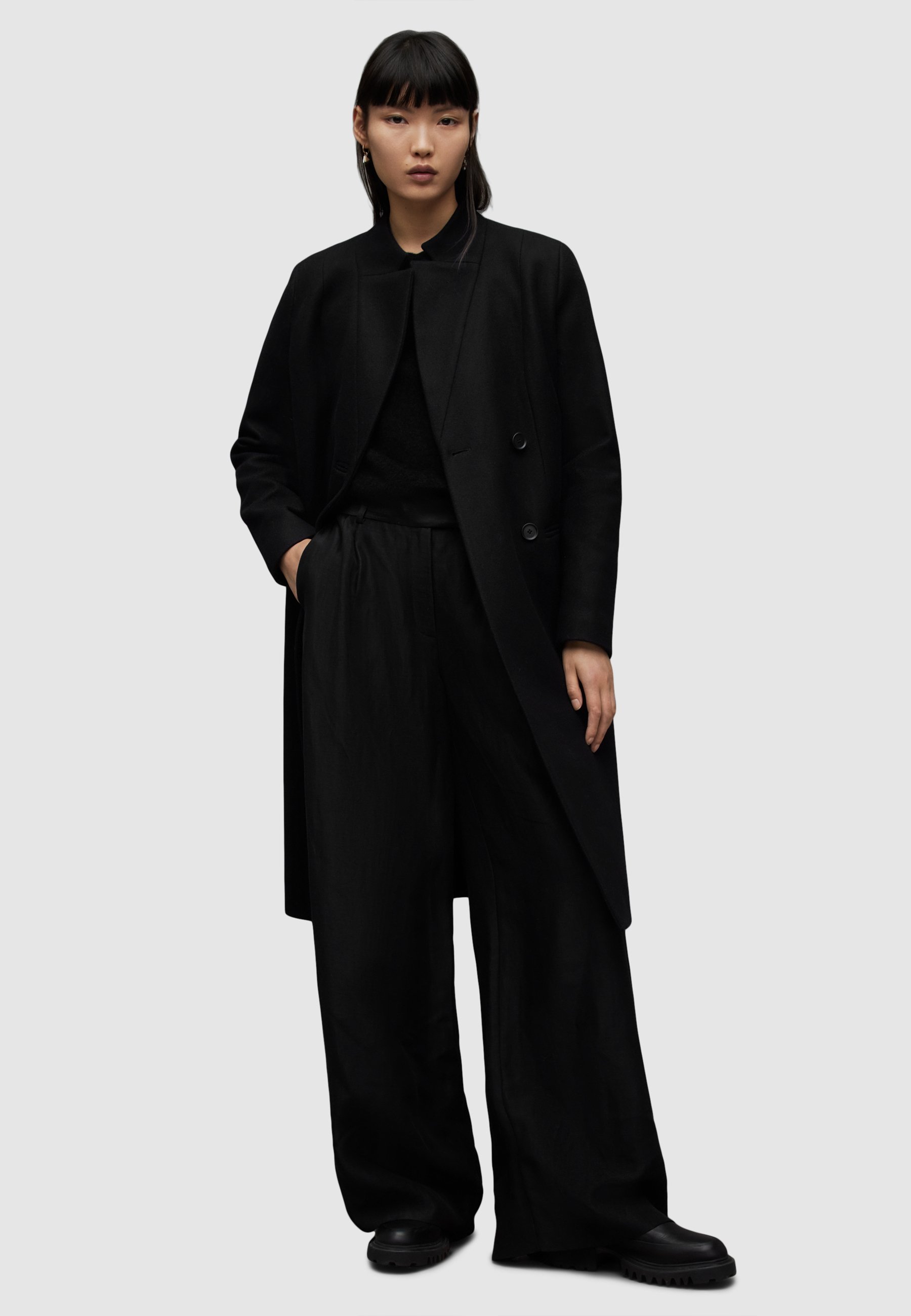 Manteau Homme AllSaints Thirty Eight Noir – Laine Italienne, Asymétrique Taille M