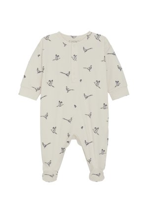 Cremfarbener Baby-Body aus weicher Baumwolle, mit einem blauen Vogelmuster, einem Henley-Ausschnitt und einem Fußdesign für zusätzliche Wärme.