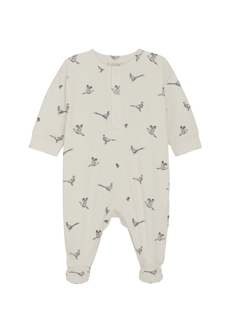 Cremfarbener Baby-Body aus weicher Baumwolle, mit einem blauen Vogelmuster, einem Henley-Ausschnitt und einem Fußdesign für zusätzliche Wärme.