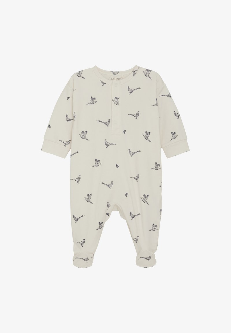 Blond baby onesie lavet af blødt bomuld, med et fuglemønster i blå, en henley-udskæring og foddesignet for varme.