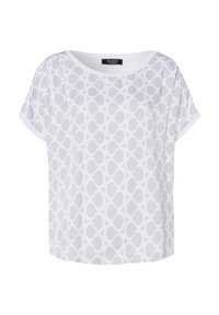 Witte top met korte mouwen met een cirkelpatroon in lichtgrijs. Ronde halslijn en een comfortabele pasvorm van een gladde, lichte stof.