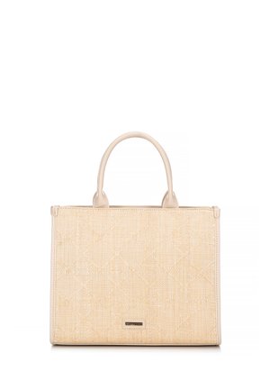 Borsa a tracolla beige intrecciata con dettagli in pelle liscia. Presenta due manici robusti e una forma rettangolare strutturata. Leggeri dettagli di texture e motivo.
