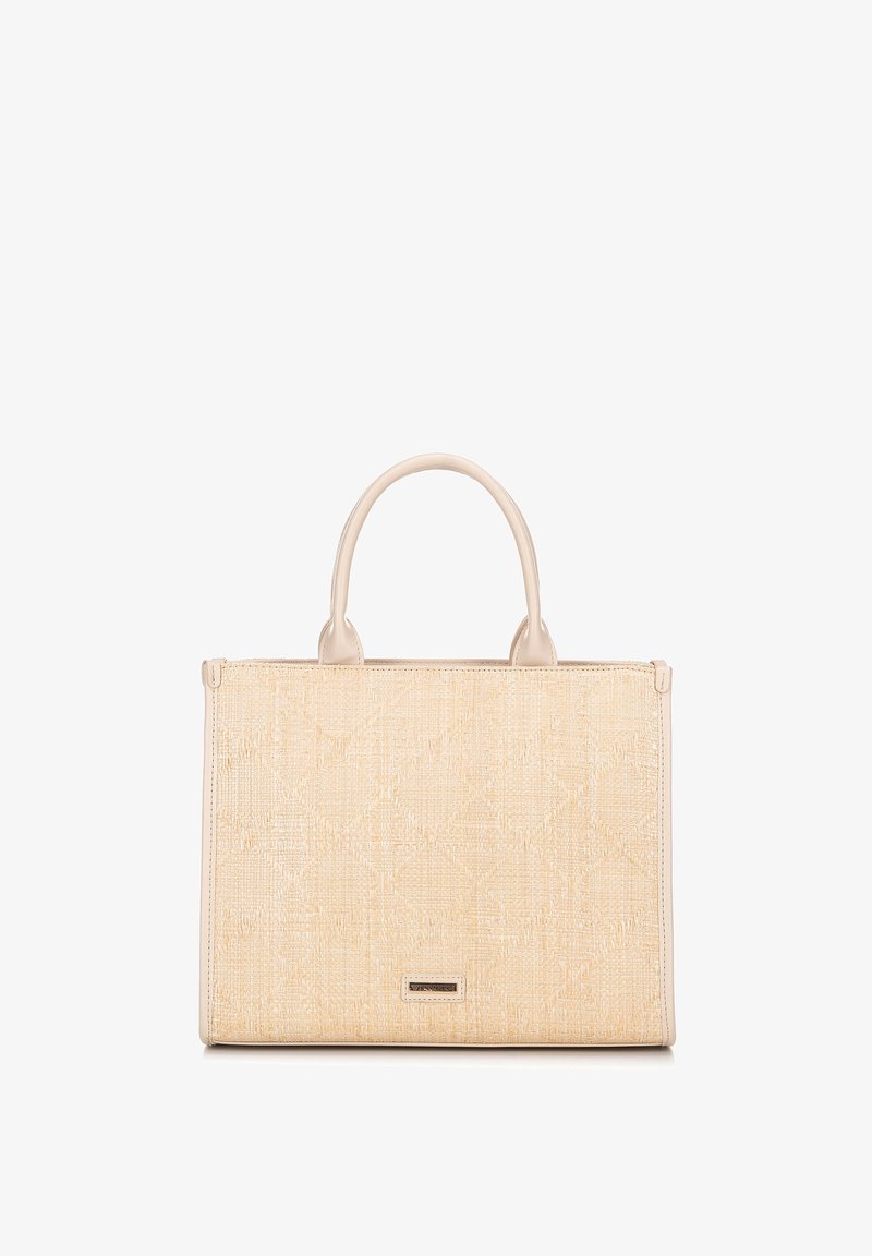 Borsa a tracolla beige intrecciata con dettagli in pelle liscia. Presenta due manici robusti e una forma rettangolare strutturata. Leggeri dettagli di texture e motivo.