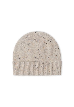 Chapeau en tricot gris clair avec un revers côtelé, présentant des speckles multicolores en orange et bleu, texture douce et sommet arrondi.