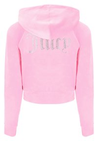 Hoodie cropped rosa realizzato in morbido tessuto; presenta un cappuccio e la scritta in strass "Juicy" sul retro. Texture liscia, maniche lunghe.