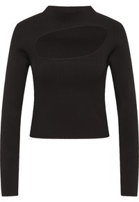 Svart ribbad stickad långärmad topp med hög hals och en distinkt utskärning bak. Texturerat tyg med lätt stretch.