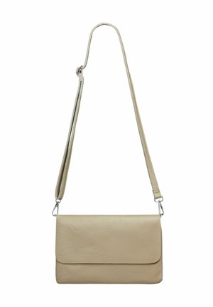 Beige Leder Umhängetasche mit strukturierter Oberfläche, ausgestattet mit einem umklappbaren Deckel und einem schmalen, verstellbaren Riemen. Minimalistisches Design, keine sichtbaren Beschläge.