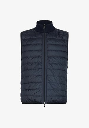Navyblå quiltet, ærmeløs dunvest med ribbet høj krave og fuld lynlås foran på en hvid baggrund.