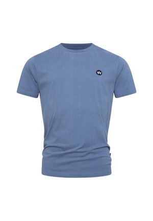 Maglietta in cotone blu con scollatura rotonda e maniche corte. Presenta un piccolo logo ricamato nero sul petto. Tessuto dalla superficie liscia.