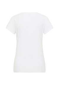 White cotton t-shirt, short sleeves, crew neck. Smooth texture, plain design, fitted shape with a straight hem at the bottom. Back view.