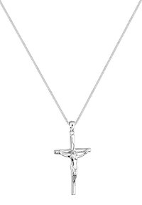 Colier din argint cu un pandantiv crucifix detaliat. Pandantivul este neted, având o figură texturată, suspendat pe o lanț fin.