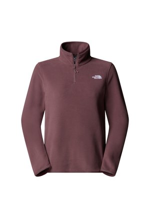 Fleece pullover in deep plum with a quarter-zip neck, long sleeves, and a small white logo on the chest. Smooth texture and relaxed fit.