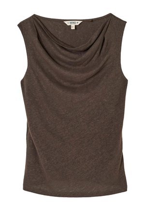 Hihaton ruskea neulepaita, jossa on laskostettu kaulus ja kauluksessa sisäpuolella FatFace-merkkilappu.