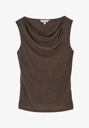 Varrukateta pruun kootud top volditud kaelakaelusega, mille sees on krae siseküljel silt "FatFace".