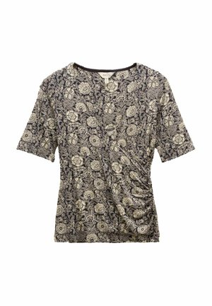 Kurzärmliges Oberteil mit einem schwarz- Crememuster aus Blumen, das einen V-Ausschnitt und geraffte Seitendetails für zusätzliche Textur aufweist.