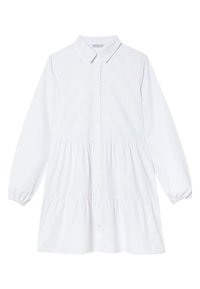 Robe blanche à manches longues, boutonnée, avec col, taille froncée et jupe à volants.