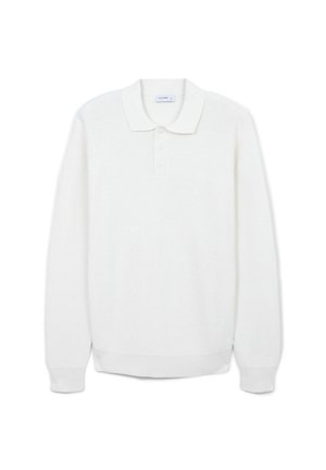 Weißer Langarm-Polo-Pullover aus strukturiertem Strickstoff. Mit klassischem Kragen und Drei-Knopf-Leiste. Mit gerippten Bündchen und Saum.