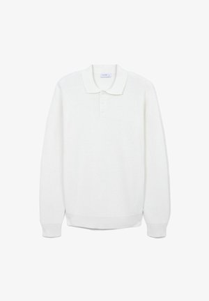 Weißer Langarm-Polo-Pullover aus strukturiertem Strickstoff. Mit klassischem Kragen und Drei-Knopf-Leiste. Mit gerippten Bündchen und Saum.