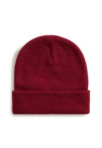 Gorro de lana en rojo oscuro, con una textura acanalada, corona redonda y un dobladillo en la base para un ajuste ceñido.