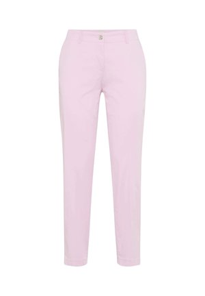 Light pink straight-leg pants with front button and zipper closure, belt loops, and ankle-length hem.
