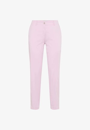 Light pink straight-leg pants with front button and zipper closure, belt loops, and ankle-length hem.