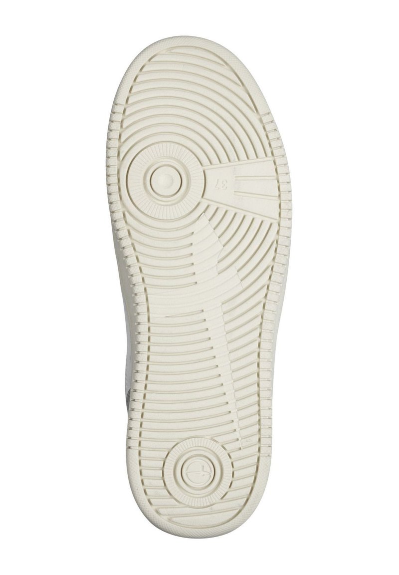 Rubberen schoenzool in off-white met weergegeven ribbels, ronde patronen en twee ronde profielgroeven voor grip. Bevat een klein logo in het midden.