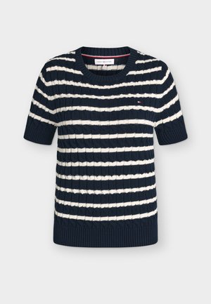 Granatowo-biały sweter w krótkim rękawie w paski, dziany, z prążkowanymi ściągaczami na rękawach i u dołu, z małym logo Tommy Hilfiger na piersi.
