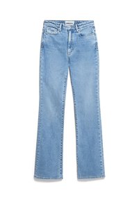 Jean denim bleu clair coupe droite avec cinq poches et une étiquette sur la ceinture indiquant "ARMEDANGELS".