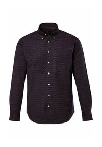 Camisa de botones de tela azul marino oscuro con un pequeño estampado rojo, que presenta mangas largas, cuello extendido y botones plateados.