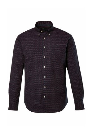 Overhemd met knoopsluiting van donkerblauwe stof met een klein rood patroon, met lange mouwen, een gespreide kraag en zilveren knopen.