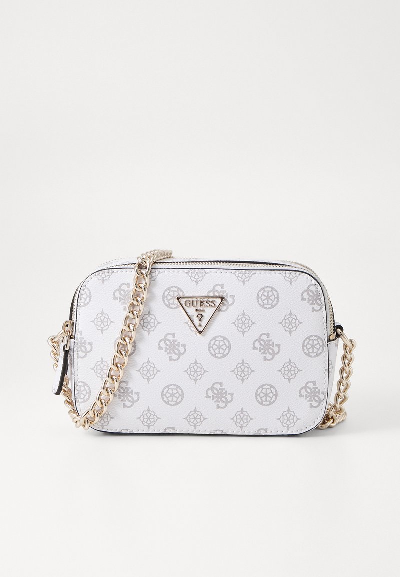 Small rectangular crossbody bag with white textured material, repeating gray logo pattern, gold chain strap, and triangular logo detail.
