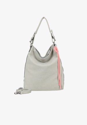 Sac hobo gris en matériau doux avec une grande ouverture, une bandoulière réglable, des accessoires en métal argenté et un détail décoratif en nœud rose.