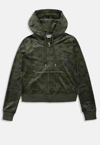 Green zip-up hoodie in soft, textured fabric with an embossed pattern of crowns, hearts, and diamonds. Features a spacious front pocket and drawstrings.
