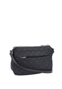 Svart axelväska gjord av texturerad tyg, med dragkedjestängning, silverfärgad hårdvara och ett subtilt mönster av cirklar.