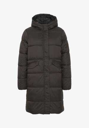 Padded dlhý kabát v tmavosivej farbe, ktorý má kapucňu, dve predné vrecká a prešívaný dizajn. Vyrobený z ľahkého, vodeodolného materiálu.
